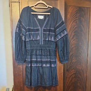 Anthropologie Dark Blue Embroidered V-Neck Mini Dress - Size Medium